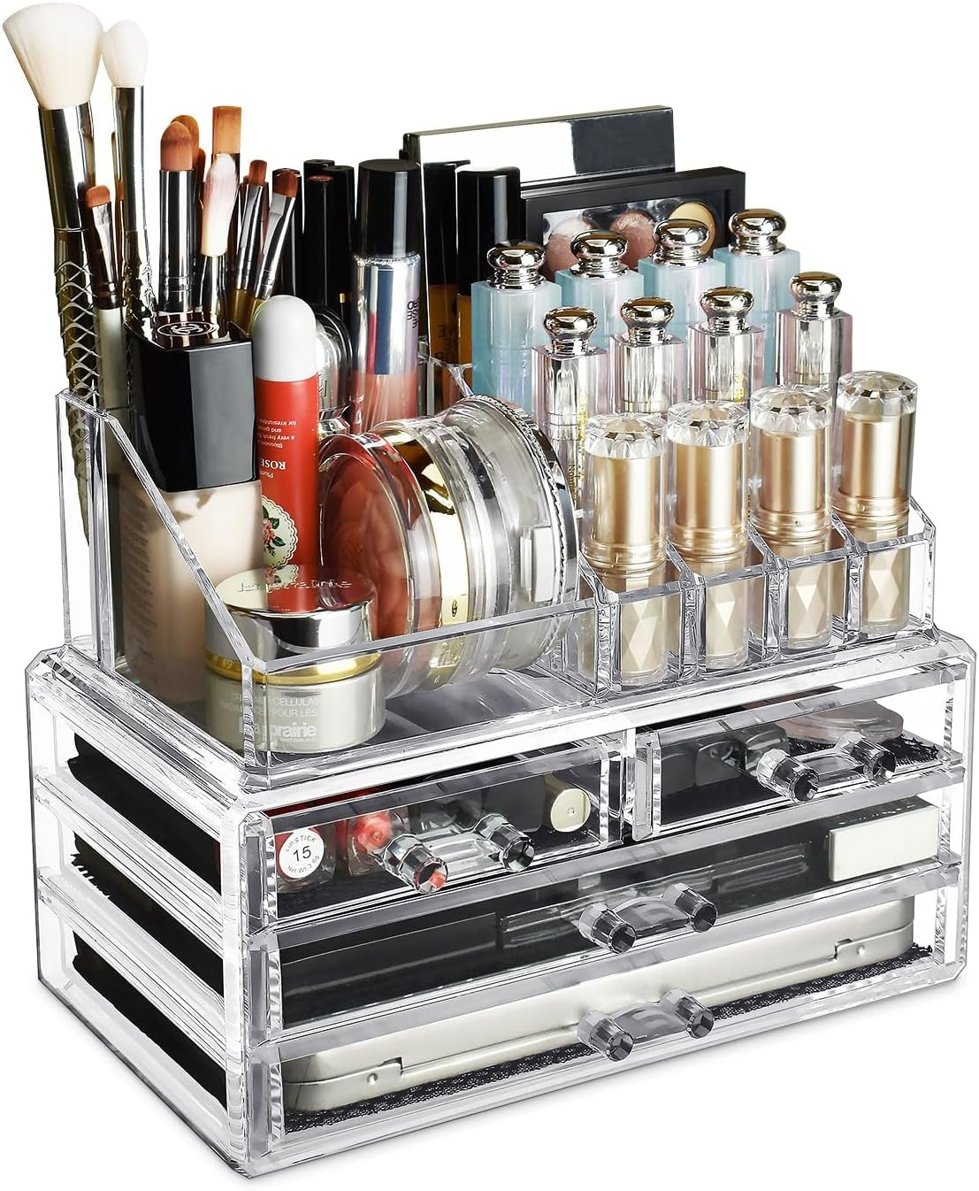 Acrylic Makeup Organizer with 4 Drawers and Removable Top Lipstick Holders, Ideal for Make-Up or Accessories,Enhance Your Vanity or Bathroom with Clear Design for Quick Visibility