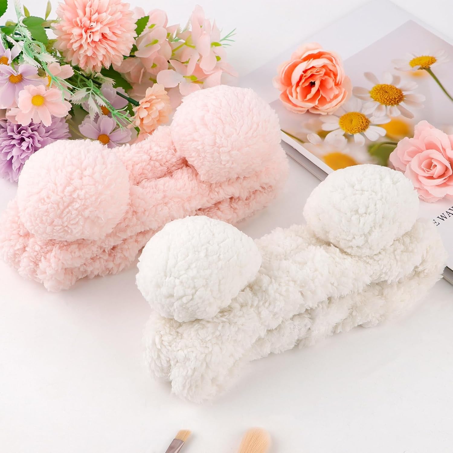 2 Pcs Bear Ears Skincare Headbands Cure Makeup Headband Pink Spa Headband for Washing Face White Face Wash Headband Facial Headband Head Band Hair Band for Makeup Cosmetic Spa Party