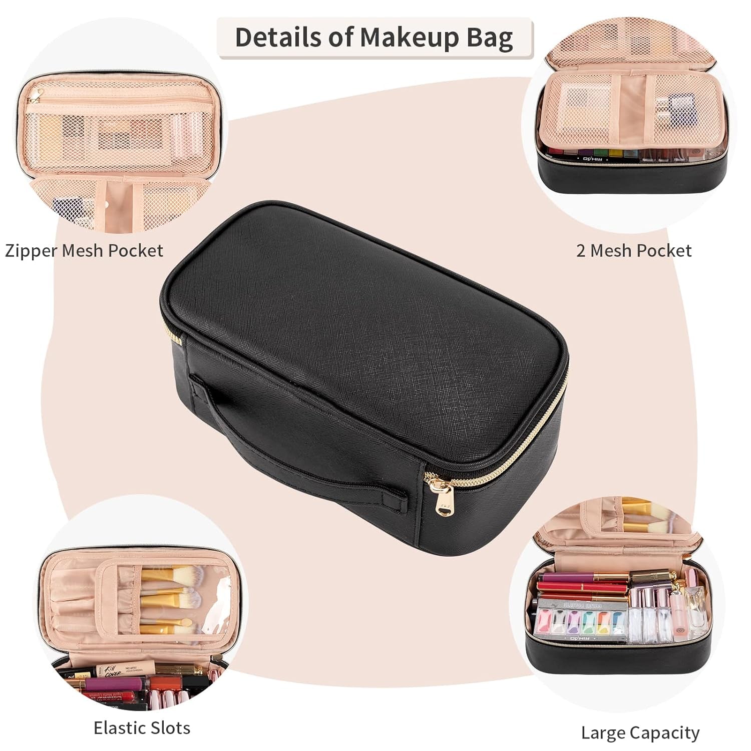 Small Cosmetic Bag,Portable Cute Travel Makeup Bag for Women and Girls Makeup Brush Organizer Cosmetics Pouch Bags-Black