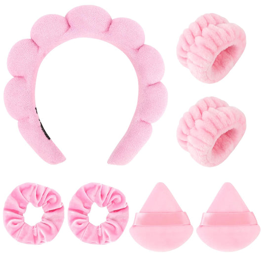 Spa Headband Set, 7Pcs Puffy Terry Cloth Headband and Wristband for Skincare, Makeup, Yoga, Shower, Spa Party, Sleepover Party, Pink