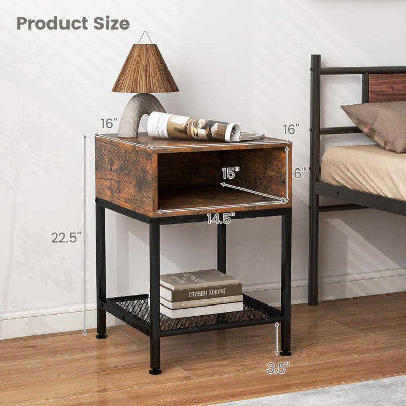 Industrial Nightstand End Side Table with Mesh Shelf