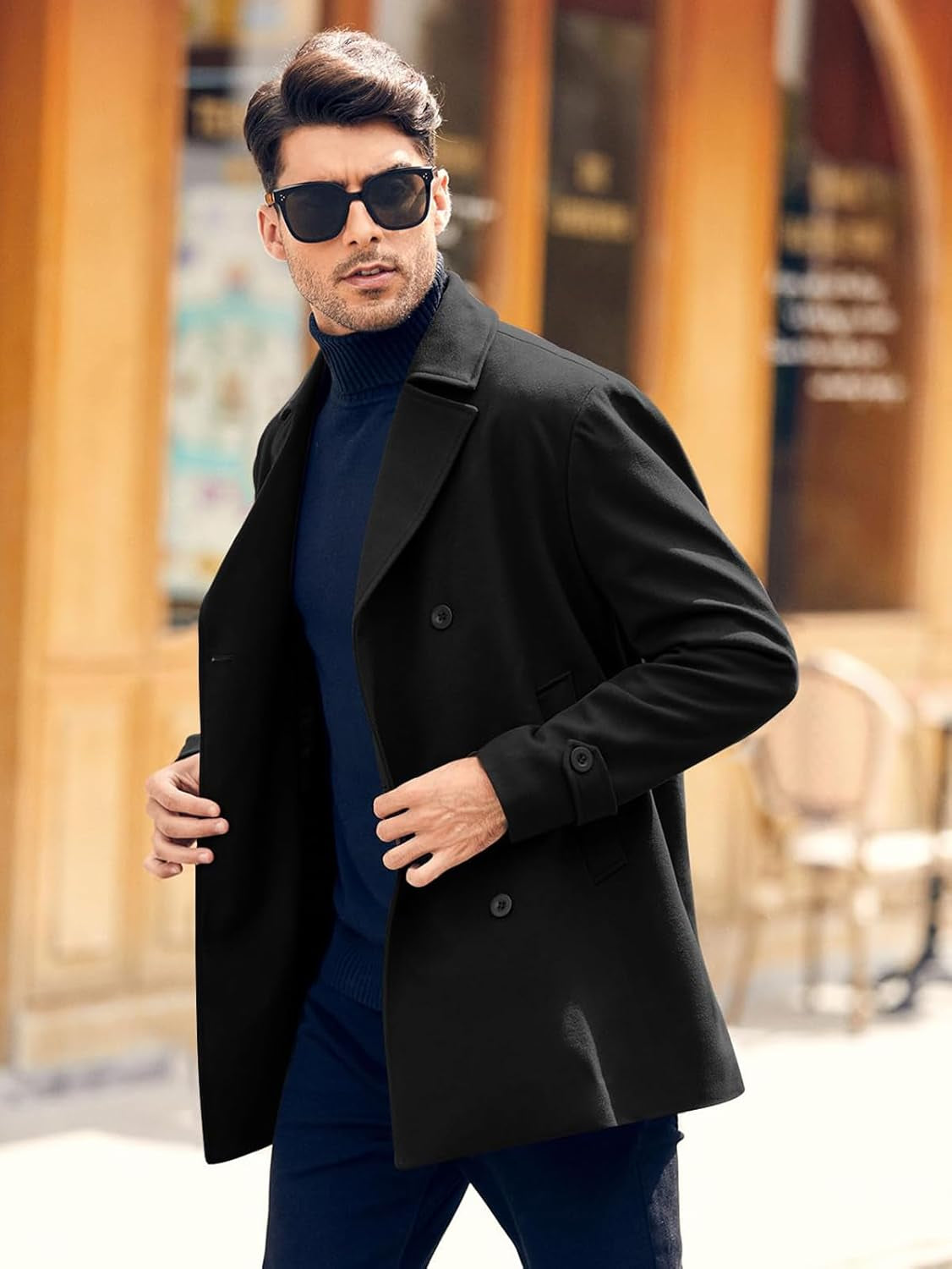 Mens Classic Pea Coat Notched Collar Double Breasted Slim Fit Winter Warm Heavyweight Trench Coats