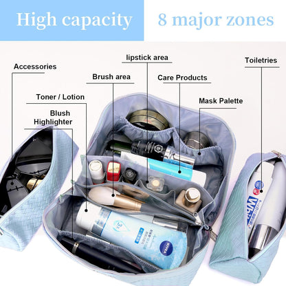 Travel Makeup Bags Cosmetic Organizer Bag: Large Capacity Make up Bag Set of 3 - Vegan Leather Toiletry Bag for Women - Portable Makeup Organizer with Compartments & Handle & Divider (02 Blue)