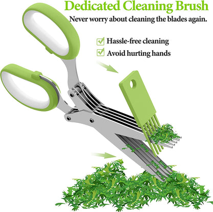 Herb Scissors, Kitchen Herb Shears Cutter with 5 Blades and Cover, Sharp Dishwasher Safe Kitchen Gadget - Green