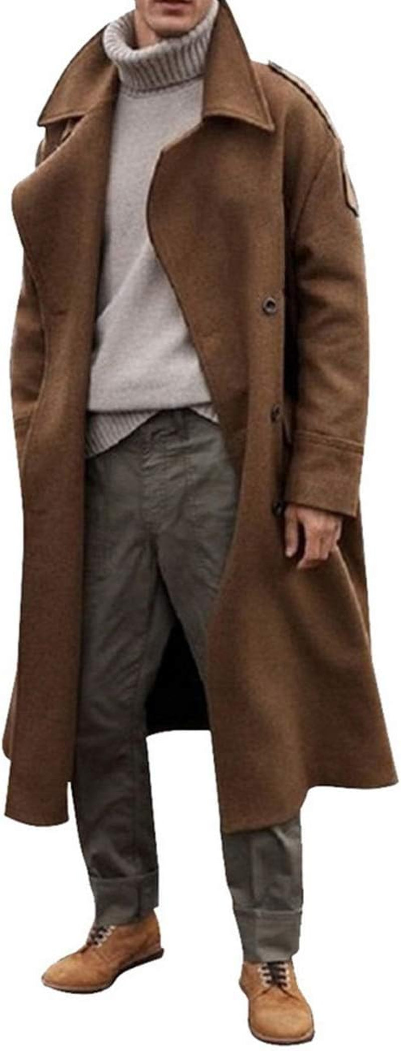 Men'S Oversized Notched Long Faux Wool Blend Trench Coat Single Breasted Knee Length Lapel Winter Jacket