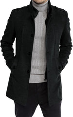 Mens Trench Coat Long Sleeve Stand Collar Single Breasted Pea Coat Casual Mid Long Slim Fit Overcoat with Pockets