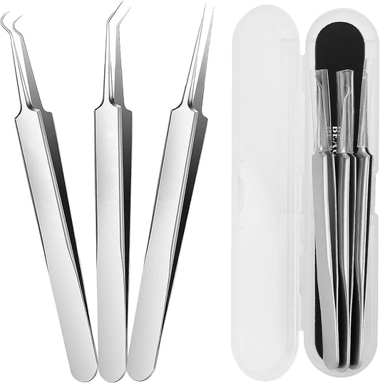 Blackhead Tweezers, Blackhead Extractor, Pimple Popper Tool Kit, 3 in 1 Professional Stainless Skin Zit Acne Blemish Whitehead Popping Removing Surgical Tools Set, Silver