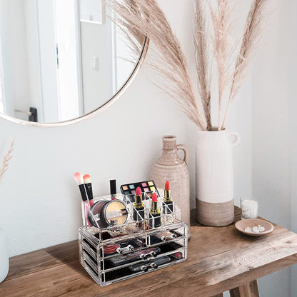 Acrylic Makeup Organizer with 4 Drawers and Removable Top Lipstick Holders, Ideal for Make-Up or Accessories,Enhance Your Vanity or Bathroom with Clear Design for Quick Visibility