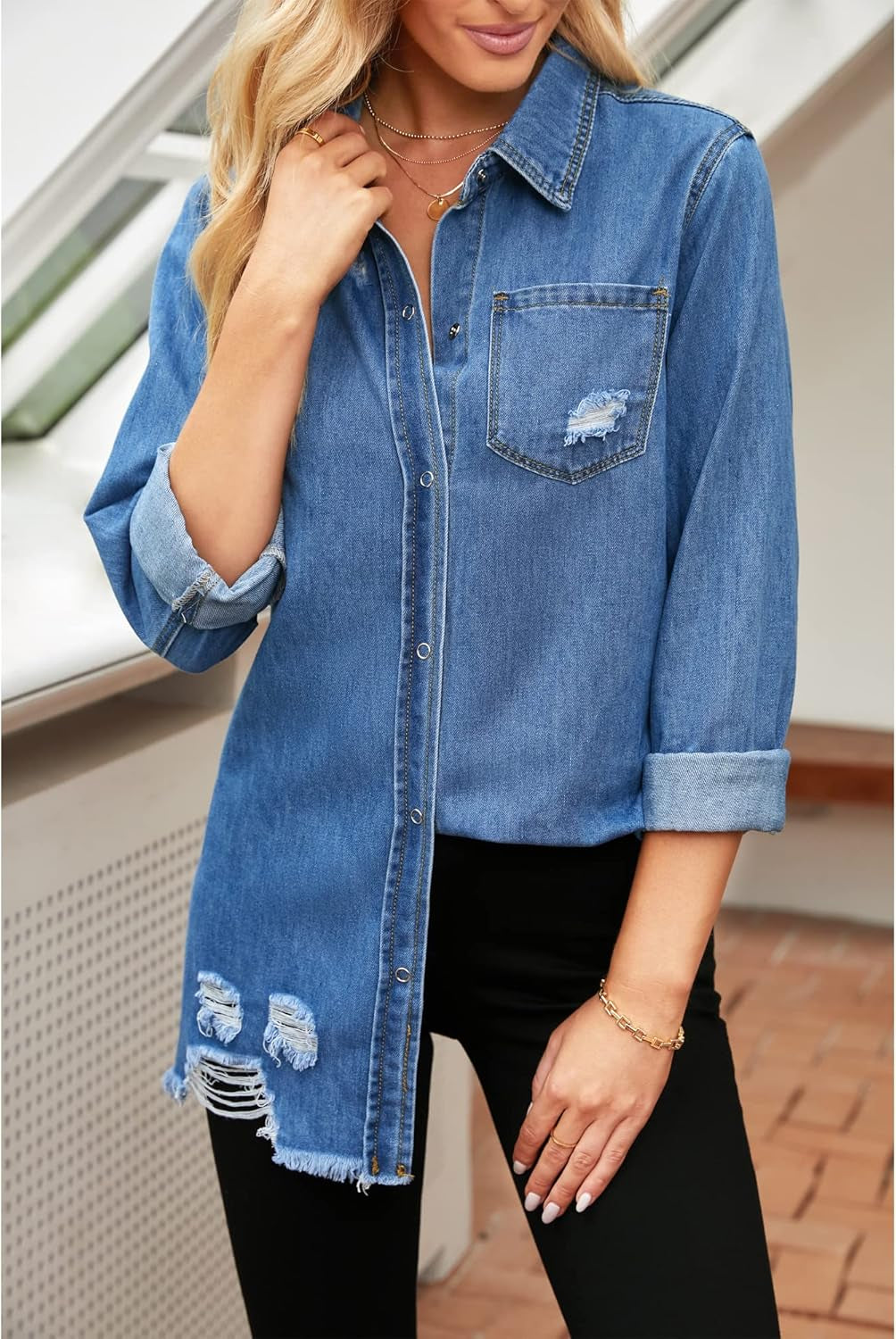 Womens Denim Jacket Distressed Button down Jean Shirt for Women Ripped Shacket Coat