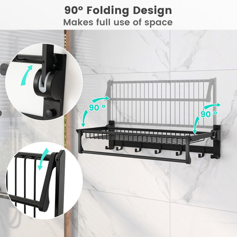 Wall Mounted Towel Shelf with Adjustable Towel Bar and Movable Hooks No Assembly Required