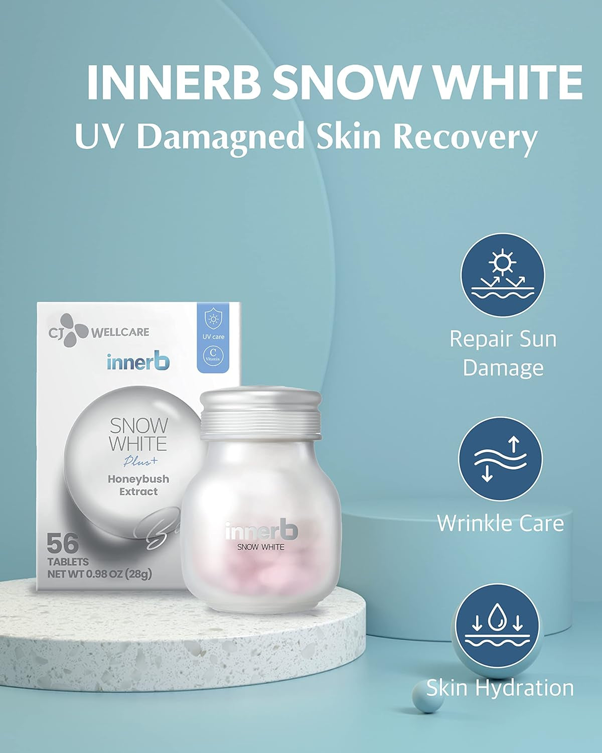 Innerb Snow White (28 Servings, 4 Weeks) - UV Protection and Antioxidant Boost, Premium Korean Skincare Supplement by CJ Wellcare. Honeybush Extract, Vitamin C.