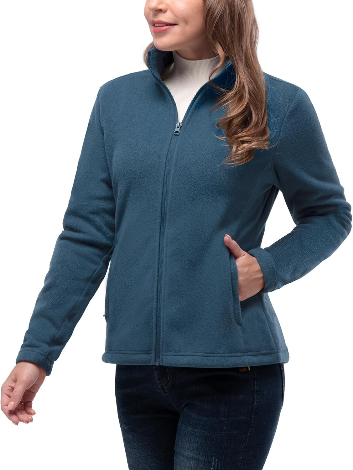 Women'S Zip up Fleece Jacket, Long Sleeve Warm Soft Polar Lightweight Coat with Pockets for Winter