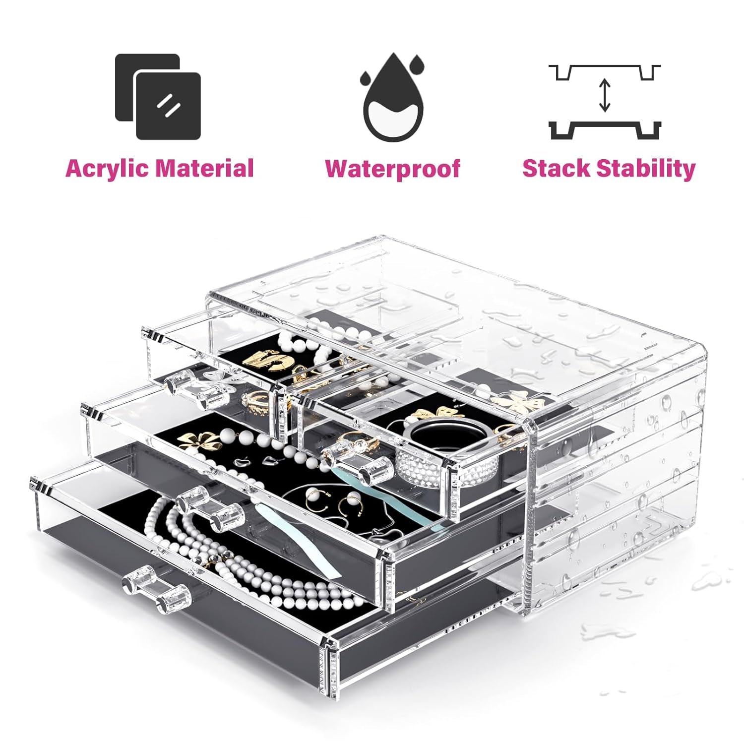 Makeup Organizer 4 Pieces, Acrylic Makeup Storage Box with 12 Drawers for Lipstick Jewelry and Makeup Brushes, Stackable Vanity Organizer for Dresser and Bathroom Countertop