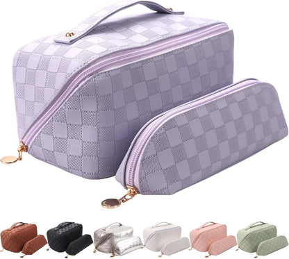 2 Piece Travel Makeup Bag,Large Capacity Cosmetic Bags Toiletry Bag for Travel Essentials,Waterproof Portable Pouch Open Flat Makeup Bag Organizer with Divider and Handle(Purple Grid)