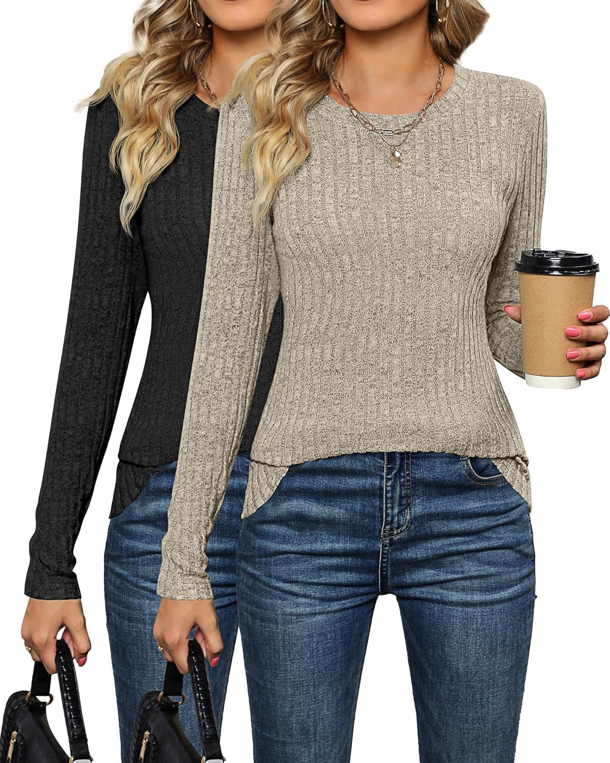 2 Pack Women'S Sweaters, Fall Long Sleeve Fitted Sweaters Cable Knit Light Tunic Tops Crew Neck Sweaters 2024 Trendy