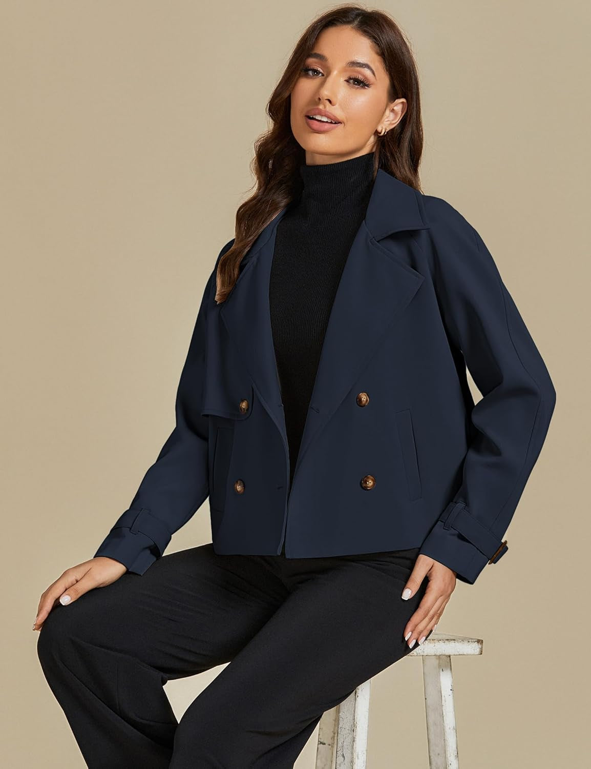 Cropped Trench Coat for Women Long Sleeve Double Breasted Notched Lapel Casual Loose Fit Jackets with Pockets