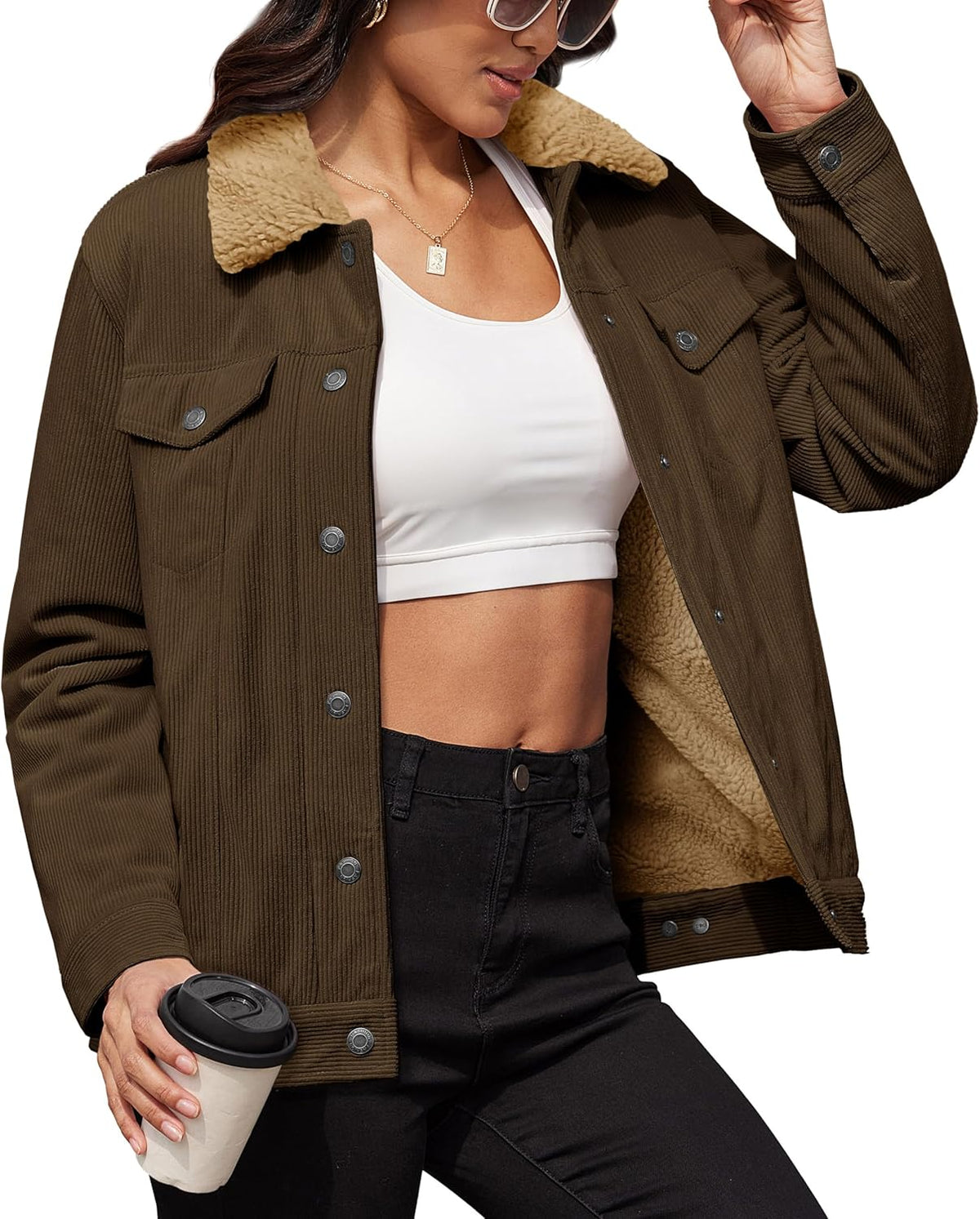 Women'S Corduroy Jacket Sherpa Fleece Lined Warm Winter Coat Button down Casual Jacket with Pockets