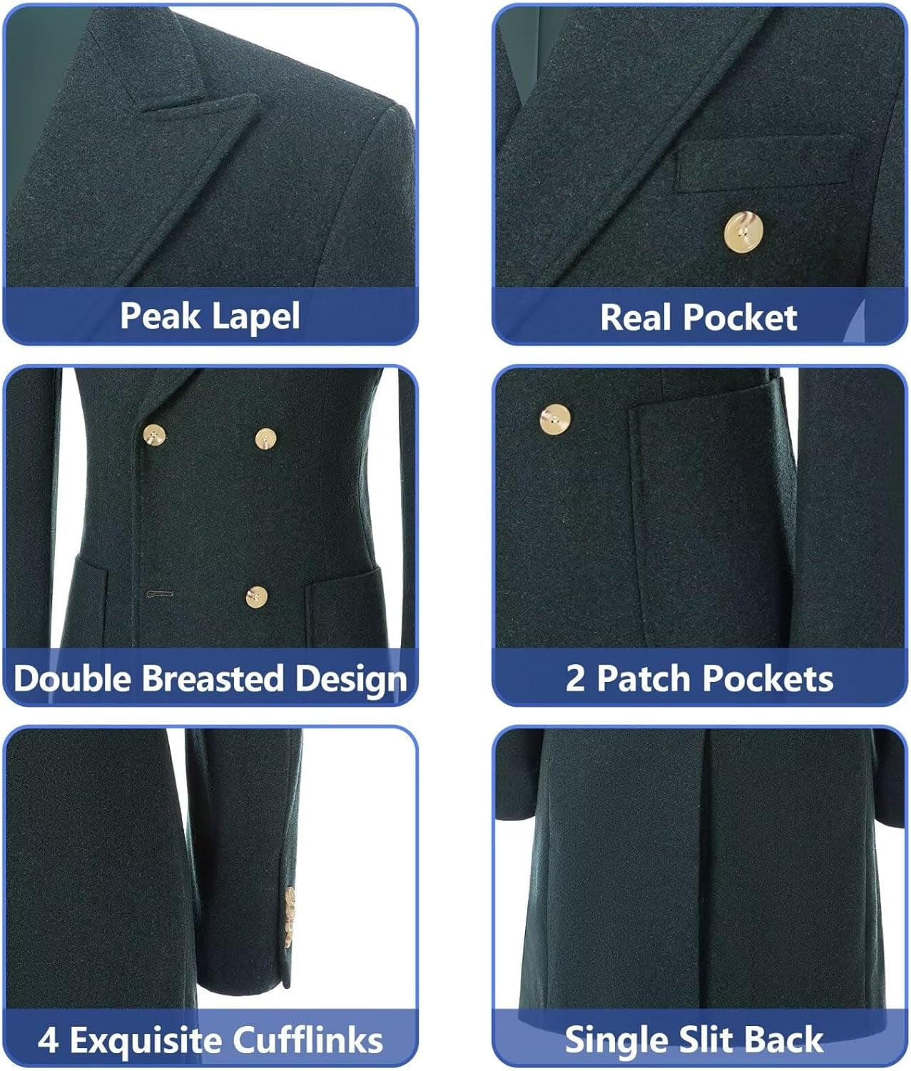 Men Trench Coat Classic Warm Peak Lapel Peacoat Mens Double Breasted Business Long Winter Mens Overcoat with Pockets