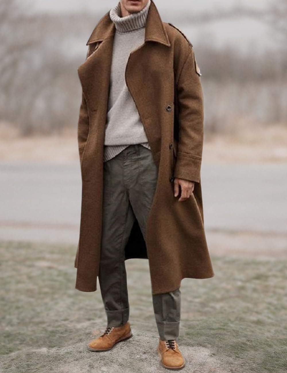 Men'S Oversized Notched Long Faux Wool Blend Trench Coat Single Breasted Knee Length Lapel Winter Jacket