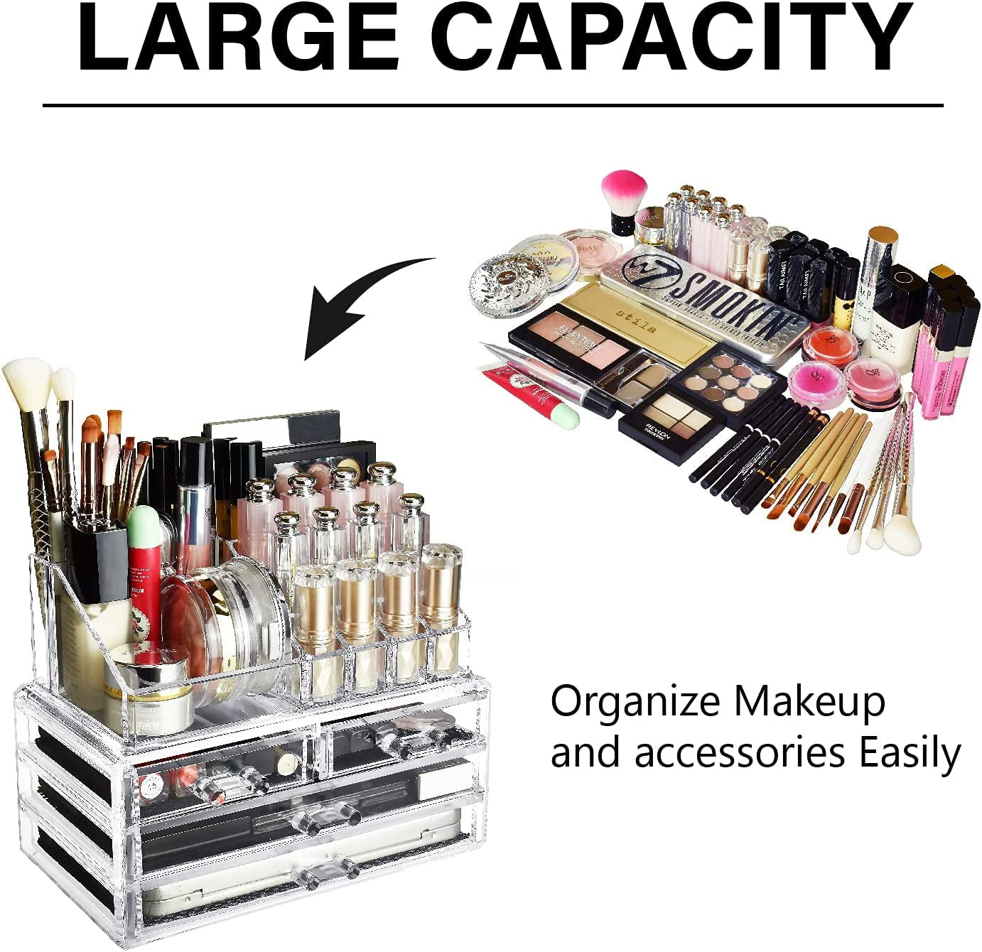 Acrylic Makeup Organizer with 4 Drawers and Removable Top Lipstick Holders, Ideal for Make-Up or Accessories,Enhance Your Vanity or Bathroom with Clear Design for Quick Visibility