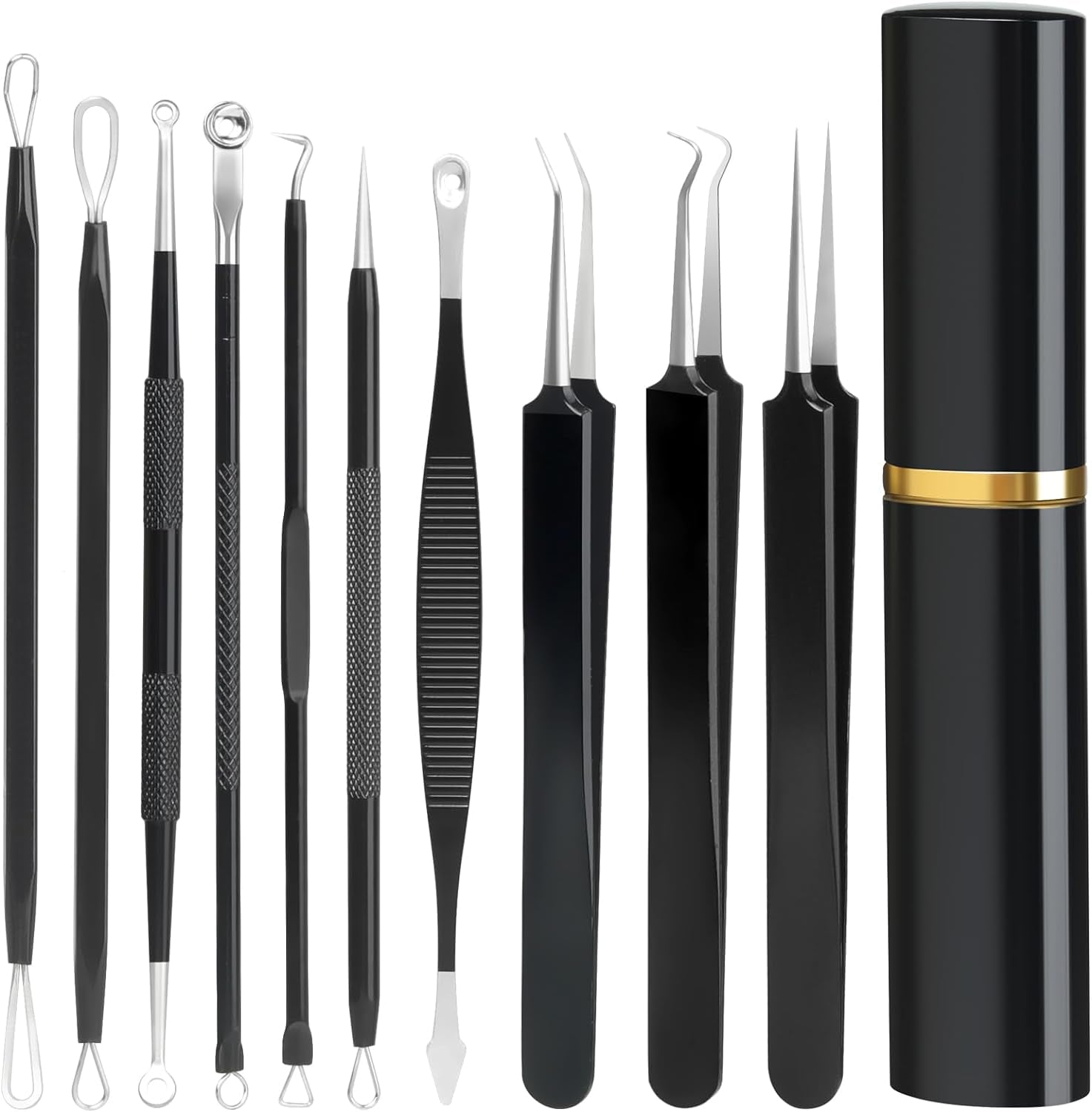 Pimple Popper Tool Kit,10 Pcs Professional Blackhead Remover Comedones Extractor for Easy Removal for Pimples,Blackheads,Zit Removing, Facial and Nose, Acne Removal Kit with Metal Box (Black)