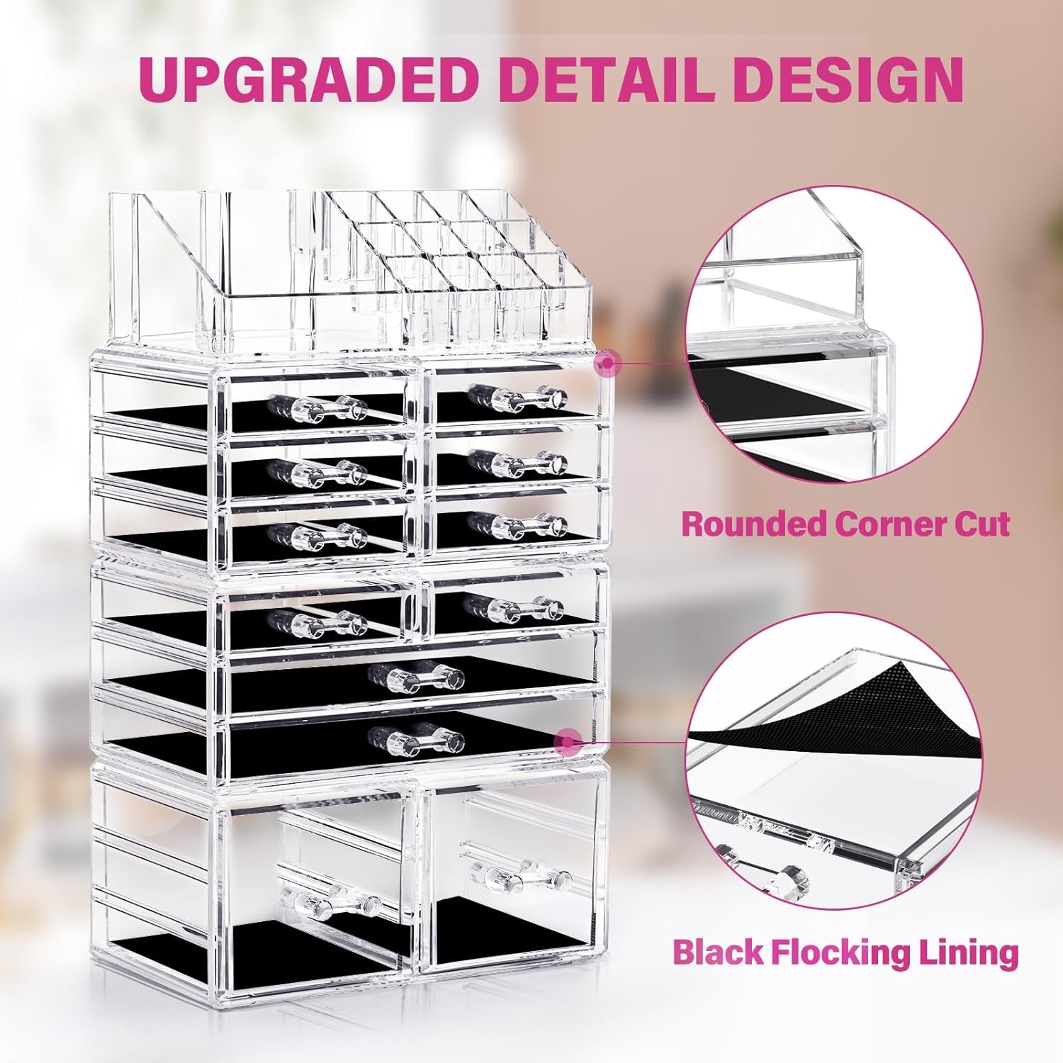 Makeup Organizer 4 Pieces, Acrylic Makeup Storage Box with 12 Drawers for Lipstick Jewelry and Makeup Brushes, Stackable Vanity Organizer for Dresser and Bathroom Countertop