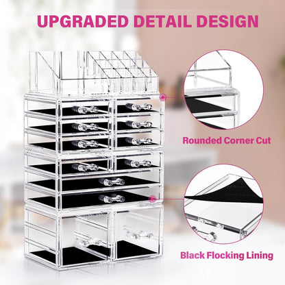 Makeup Organizer 4 Pieces, Acrylic Makeup Storage Box with 12 Drawers for Lipstick Jewelry and Makeup Brushes, Stackable Vanity Organizer for Dresser and Bathroom Countertop