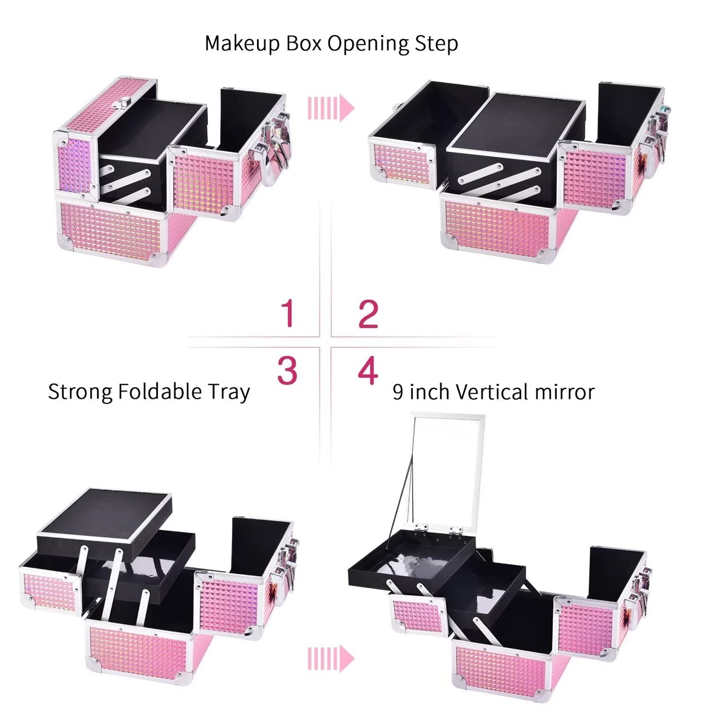 Makeup Train Case Cosmetic Box Portable Makeup Case Organizer 2 Trays Makeup Storage with Mirror Locking for Cosmetologist Aesthetic Supplies Nail Tech Traveling Makeup Box Mermaid Pink