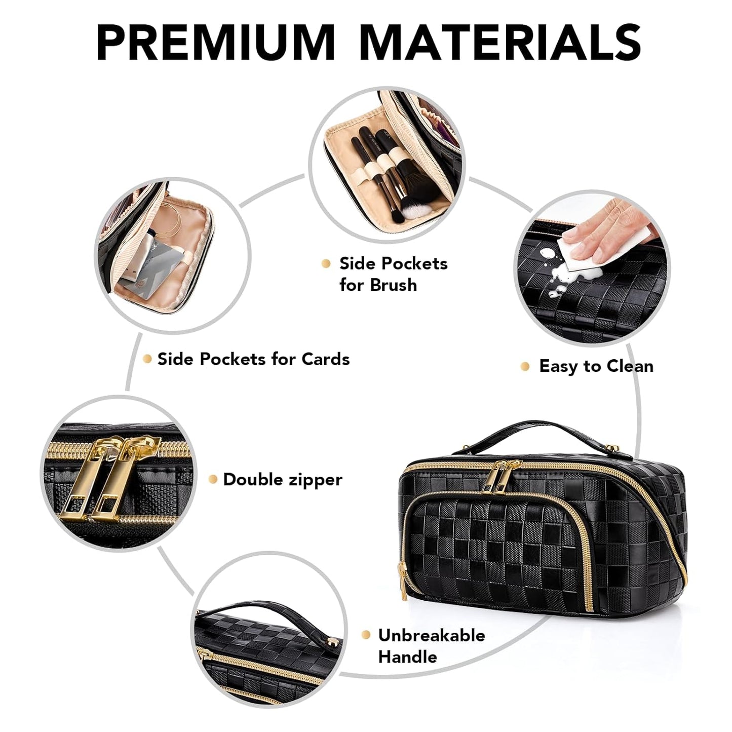 Travel Makeup Bag for Women, Large Capacity PU Leather Waterproof Checkered Cosmetic Bags, Portable Pouch Open Flat Toiletry Bag, Make up Organizer with Divider and Handle, Black