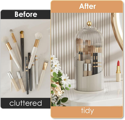 Makeup Brush Holder Organizer with Lid,360 Rotating Clear Dustproof Makeup Brushes Organizer for Vanity Desktop Bathroom Countertop (Transparent)