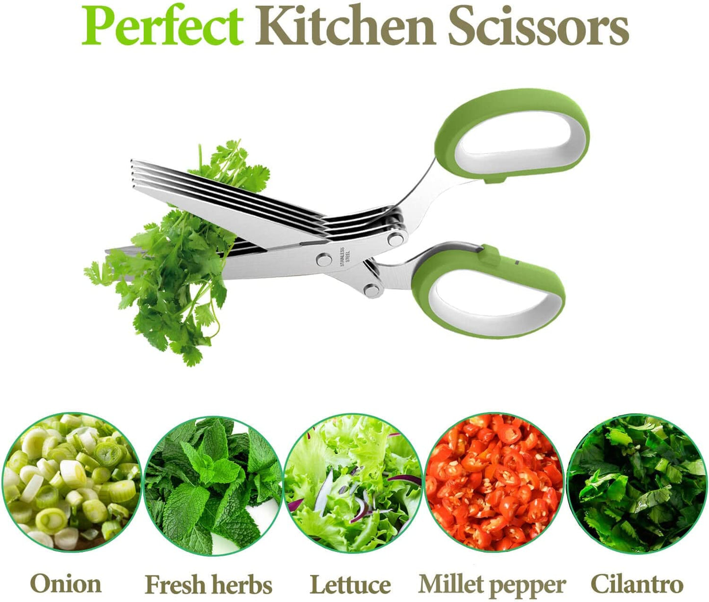 Herb Scissors, Kitchen Herb Shears Cutter with 5 Blades and Cover, Sharp Dishwasher Safe Kitchen Gadget - Green