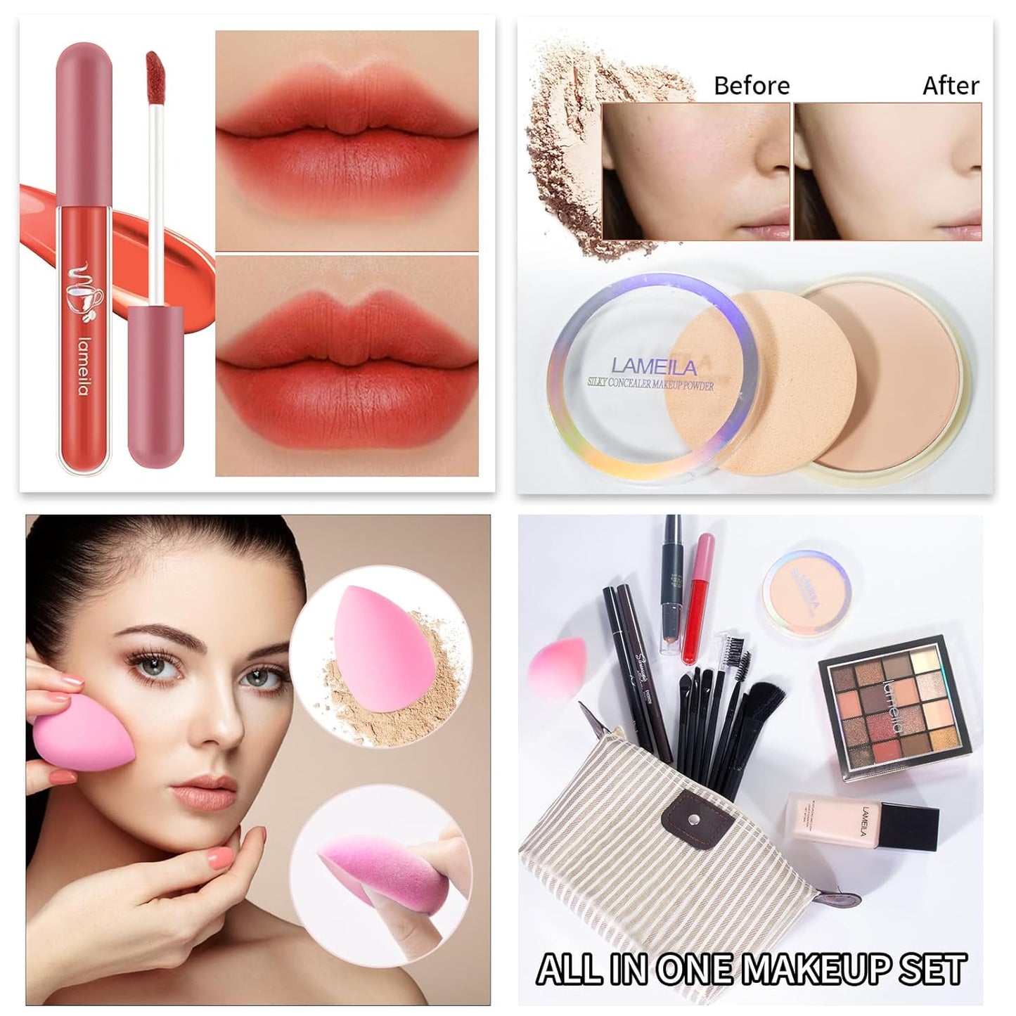 Makeup Set Full Kit for Girls Teens Women, Makeup Present Set, Includes Eyeshadow, Foundation, Counter Stick, Powder, Eyebrow Pencil, Eyeliner, Brushes, Lip Gloss, Sponge, Cosmetic Bag