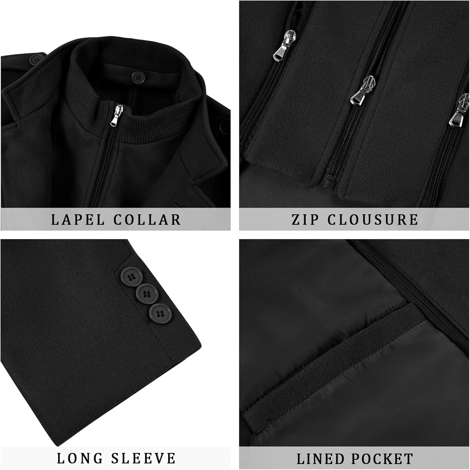 Mens Trench Coat Long Sleeve Stand Collar Single Breasted Pea Coat Casual Mid Long Slim Fit Overcoat with Pockets