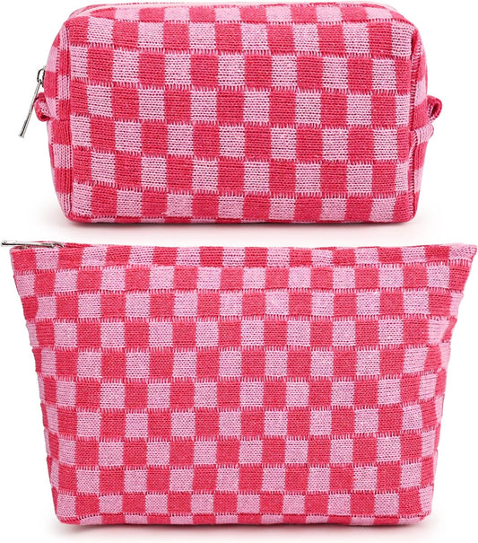 2 Pieces Makeup Bag Large Checkered Cosmetic Bag Capacity Canvas Mix Travel Toiletry Bag Organizer Cute Makeup Brushes Aesthetic Accessories Storage Bag for Women, Checkered Mix Rose Red