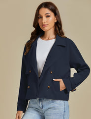 Cropped Trench Coat for Women Long Sleeve Double Breasted Notched Lapel Casual Loose Fit Jackets with Pockets