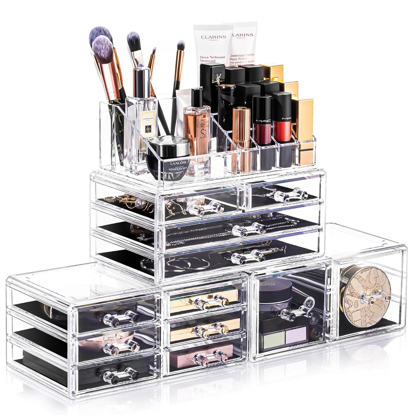 Makeup Organizer 4 Pieces, Acrylic Makeup Storage Box with 12 Drawers for Lipstick Jewelry and Makeup Brushes, Stackable Vanity Organizer for Dresser and Bathroom Countertop