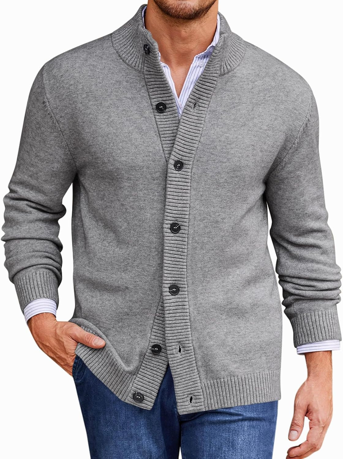 Mens Cardigan Sweater Stand Collar Casual Button down Open Front Ribbed Winter Sweaters