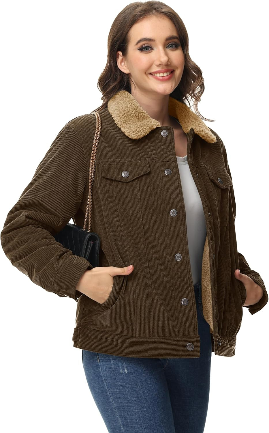 Women'S Corduroy Jacket Sherpa Fleece Lined Warm Winter Coat Button down Casual Jacket with Pockets