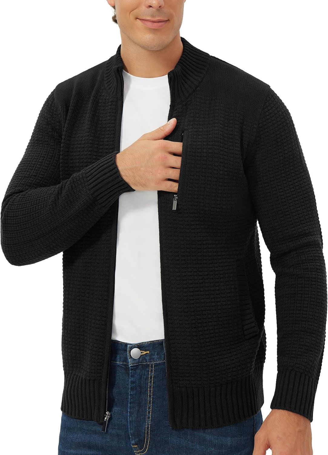 Men'S Full Zip up Cardigan Sweater Stand Collar Regular Fit Chest Pocket Knit Sweaters Casual 3 Pockets