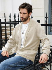 Men'S Shawl Collar Long Sleeve Cardigan Knit Open Front with Pockets