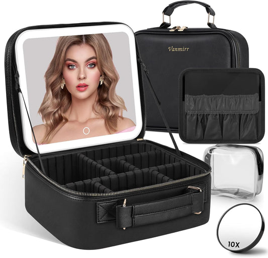 Travel Makeup Bag with LED Lighted Mirror, Adjustable Brightness in 3 Colors, Makeup Organizer Bag Waterproof Cosmetic Train Case Make up Box Artist Learner Storage Bag, 86 Lamp Beads