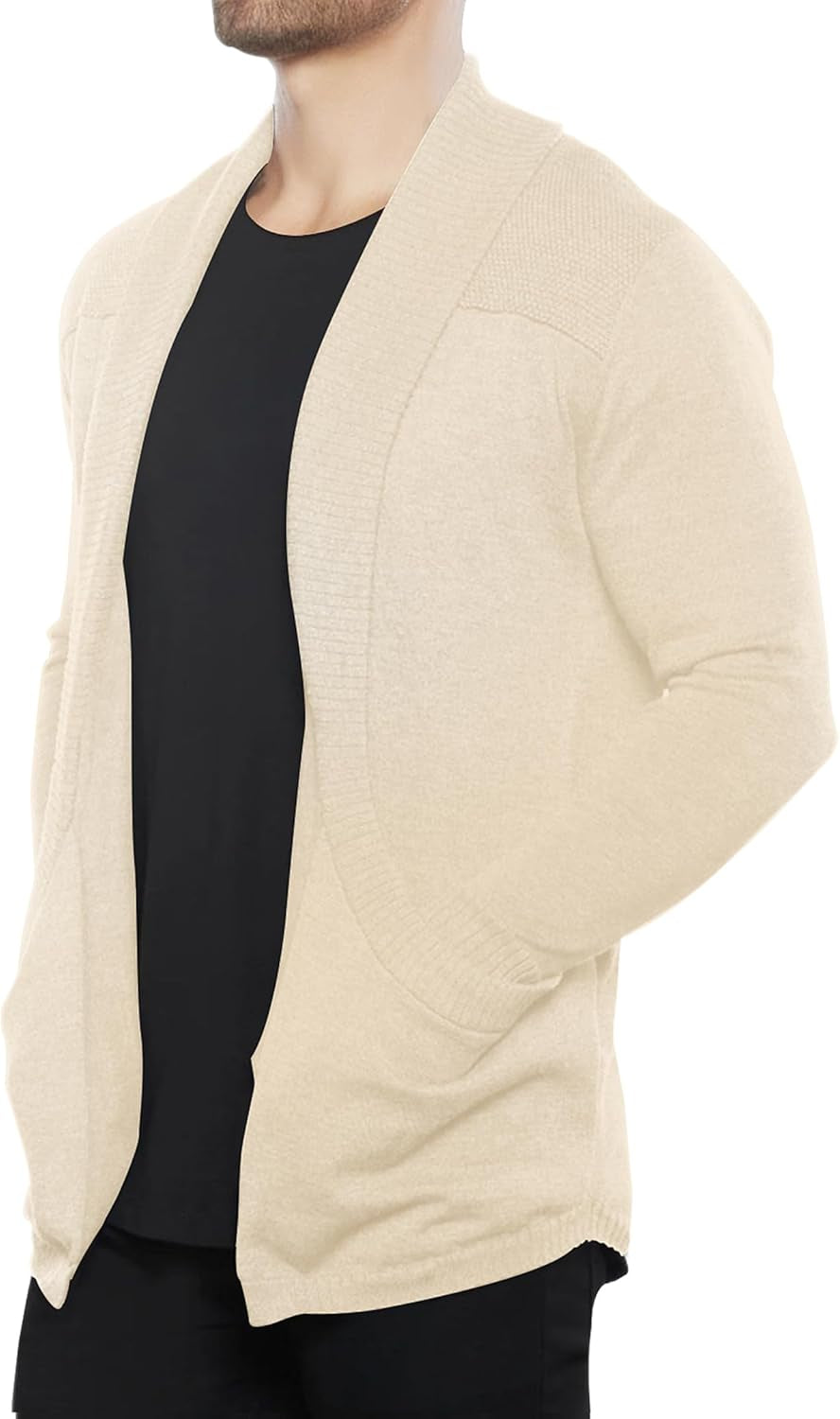 Men'S Shawl Collar Long Sleeve Cardigan Knit Open Front with Pockets