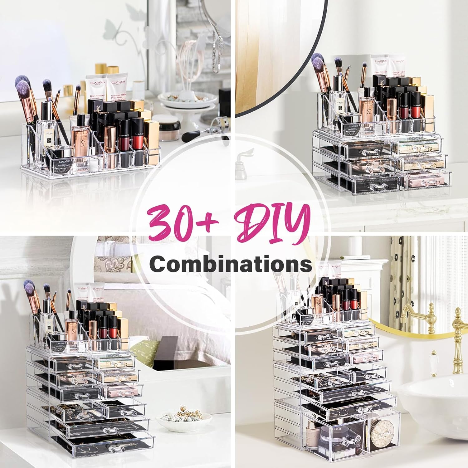 Makeup Organizer 4 Pieces, Acrylic Makeup Storage Box with 12 Drawers for Lipstick Jewelry and Makeup Brushes, Stackable Vanity Organizer for Dresser and Bathroom Countertop