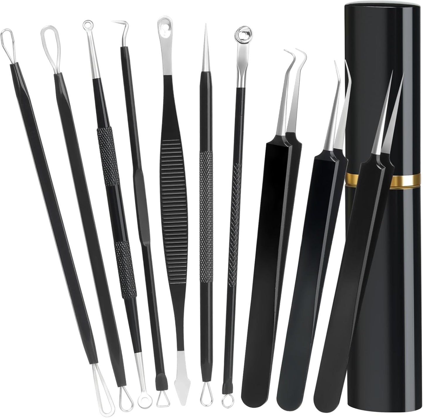 Pimple Popper Tool Kit,10 Pcs Professional Blackhead Remover Comedones Extractor for Easy Removal for Pimples,Blackheads,Zit Removing, Facial and Nose, Acne Removal Kit with Metal Box (Black)