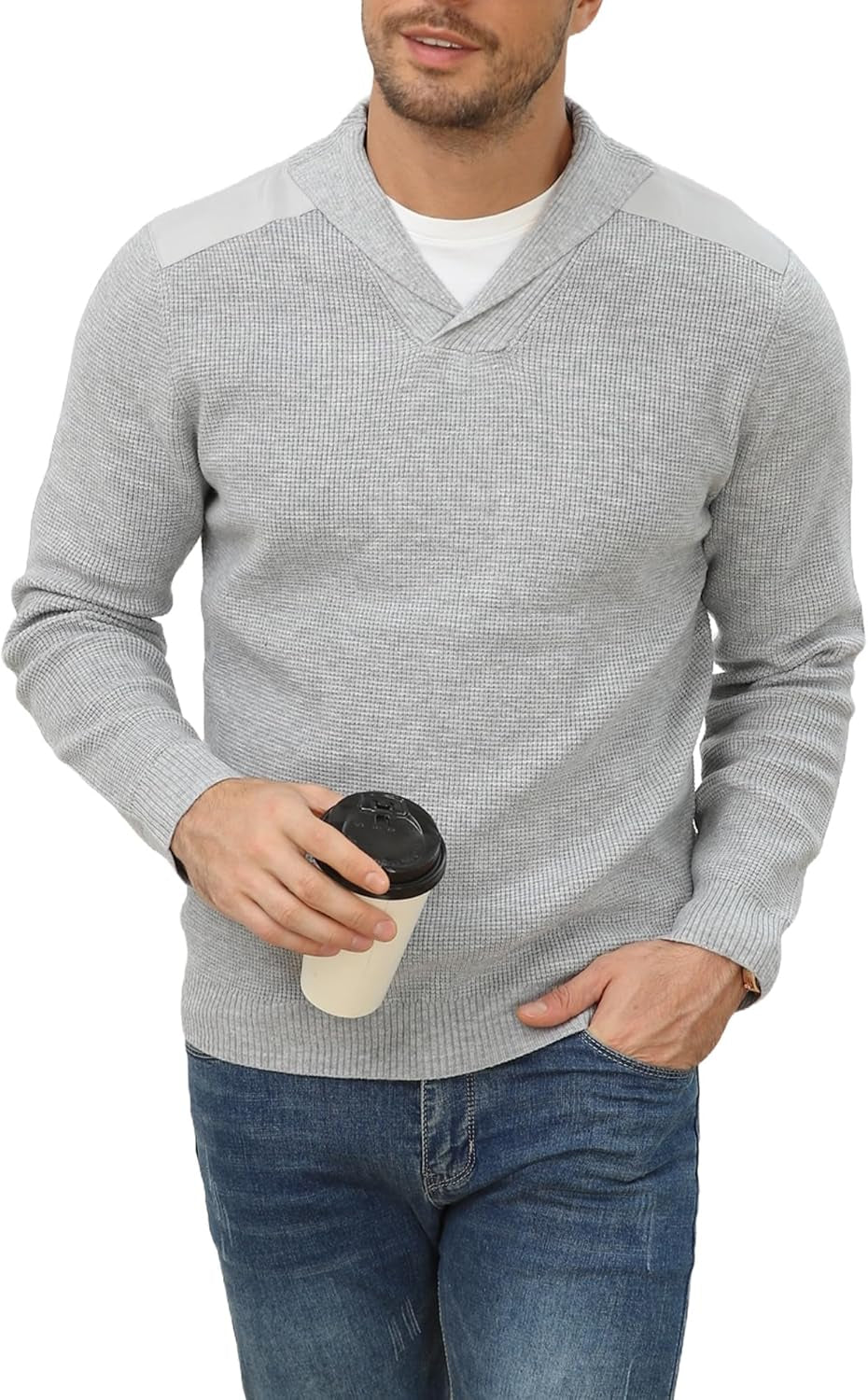 Fashion Sweater for Men Long Sleeve Solid Color V Neck Knitted Pullover Casaul Fitted Sports Polo Sweatershirts