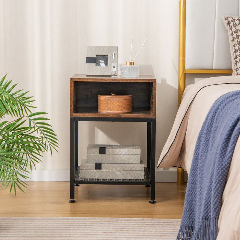 Industrial Nightstand End Side Table with Mesh Shelf