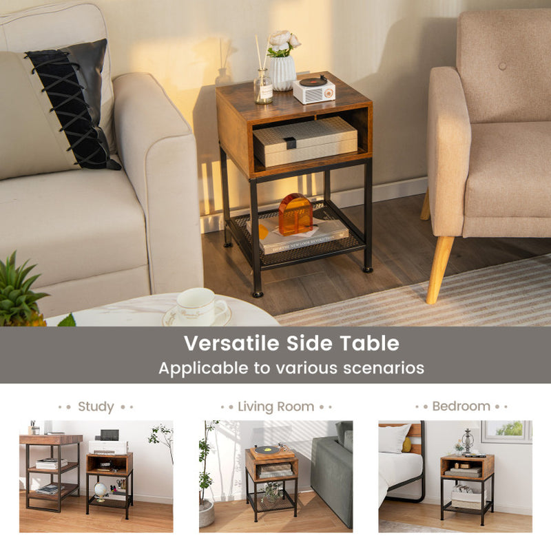 Industrial Nightstand End Side Table with Mesh Shelf