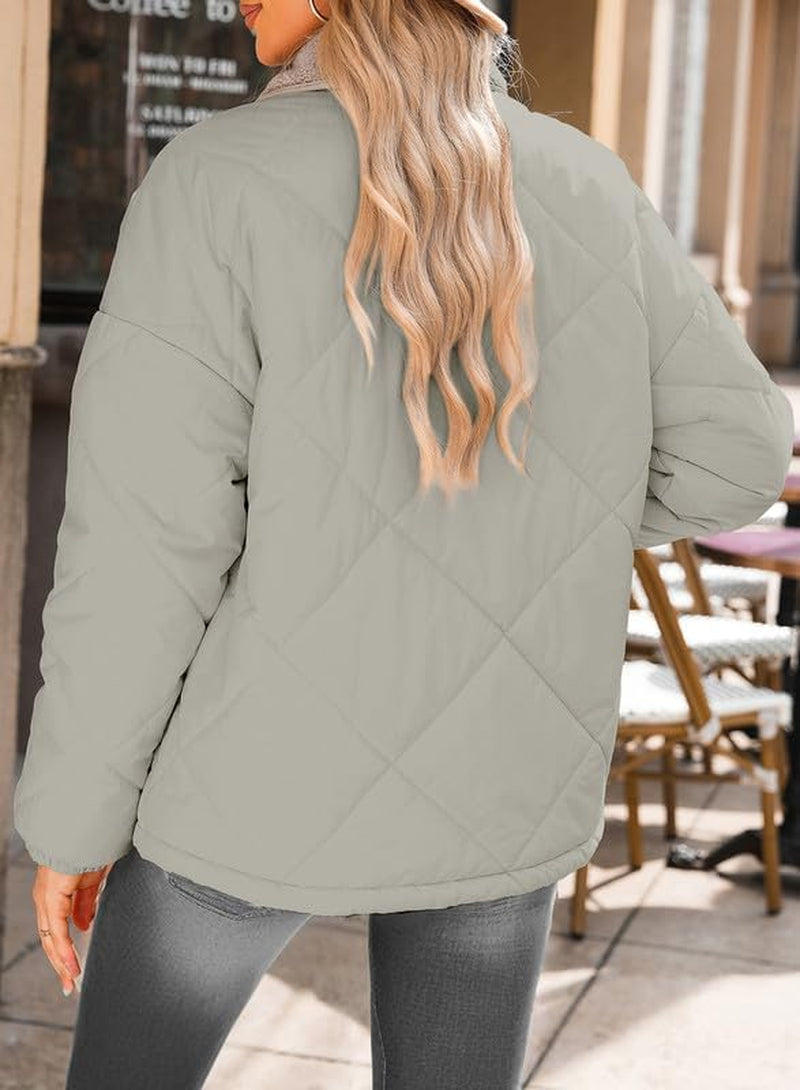 Women'S Winter Casual Quilted Jackets Long Sleeve Button down Puffer Jacket Padded Outerwear Coats