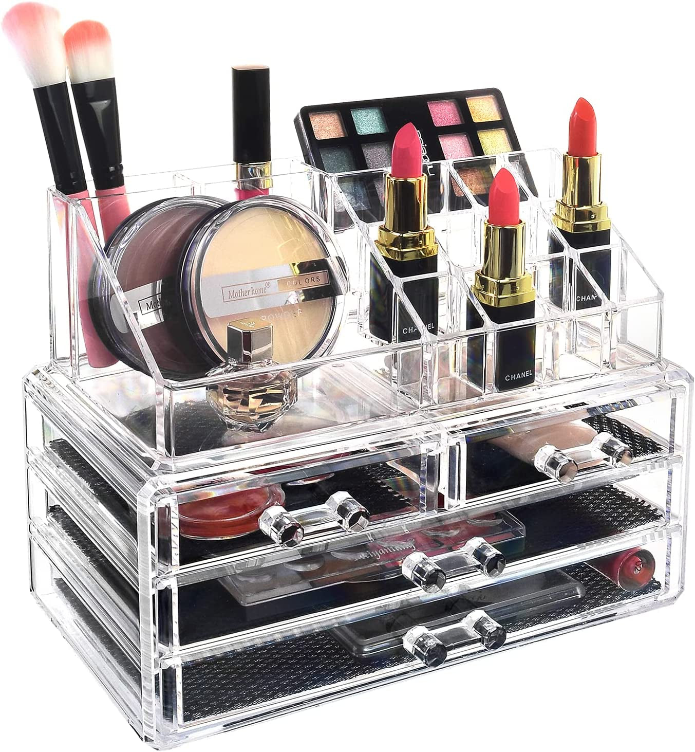 Acrylic Makeup Organizer with 4 Drawers and Removable Top Lipstick Holders, Ideal for Make-Up or Accessories,Enhance Your Vanity or Bathroom with Clear Design for Quick Visibility