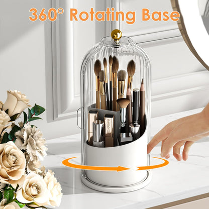 Makeup Brush Holder Organizer with Lid,360 Rotating Clear Dustproof Makeup Brushes Organizer for Vanity Desktop Bathroom Countertop (Transparent)